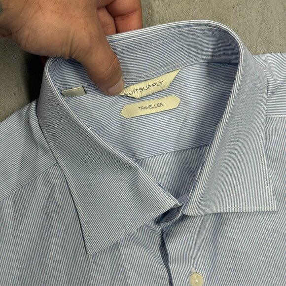SuitSupply Dress Shirt "Traveller" Striped Long Sleeve Blue Cotton 41 16 Large - Picture 6 of 9